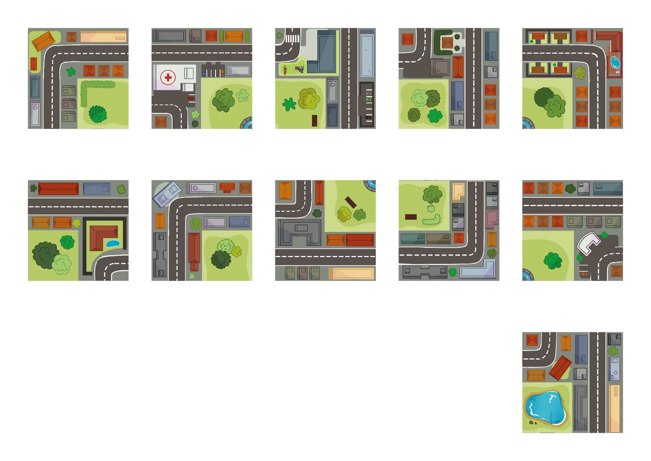 cartas do jogo com ilustrações de rua e edificações