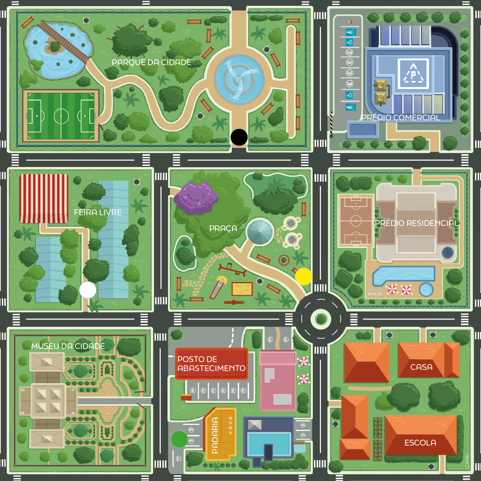 mapa ilustrado com ruas formando quarteirões; dentro deles, há ilustrações de diferentes edificações
